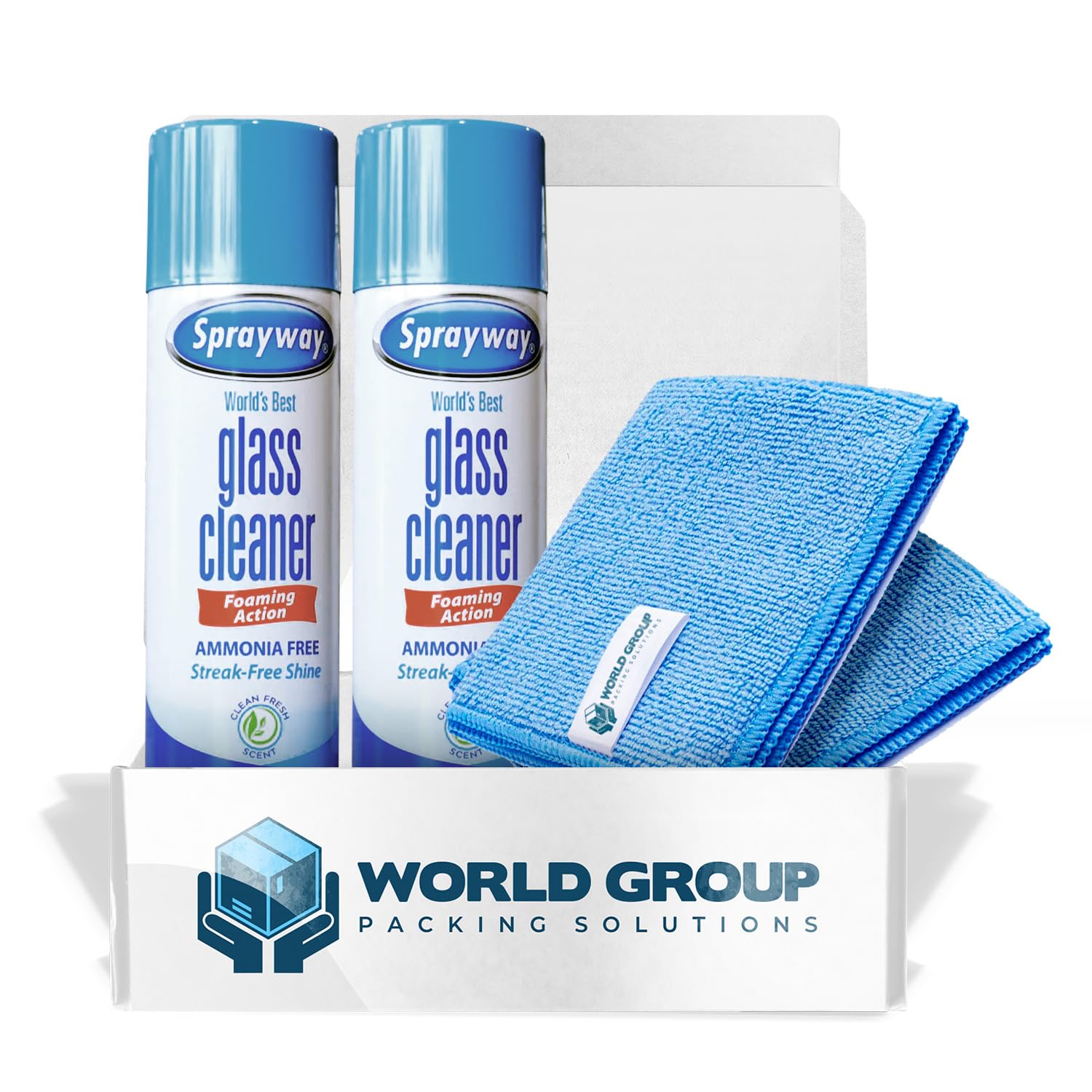 World Group Glass Cleaner Foam spray on glass for streak-free shine.