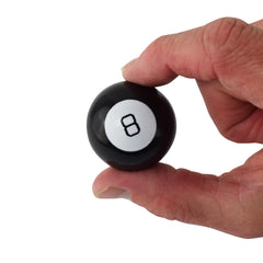 World's Smallest Magic 8 Ball in classic black, front view, ideal for on-the-go answers.