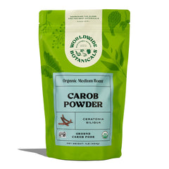 Worldwide Botanicals carob powder medium roast jar for a caffeine-free chocolate substitute