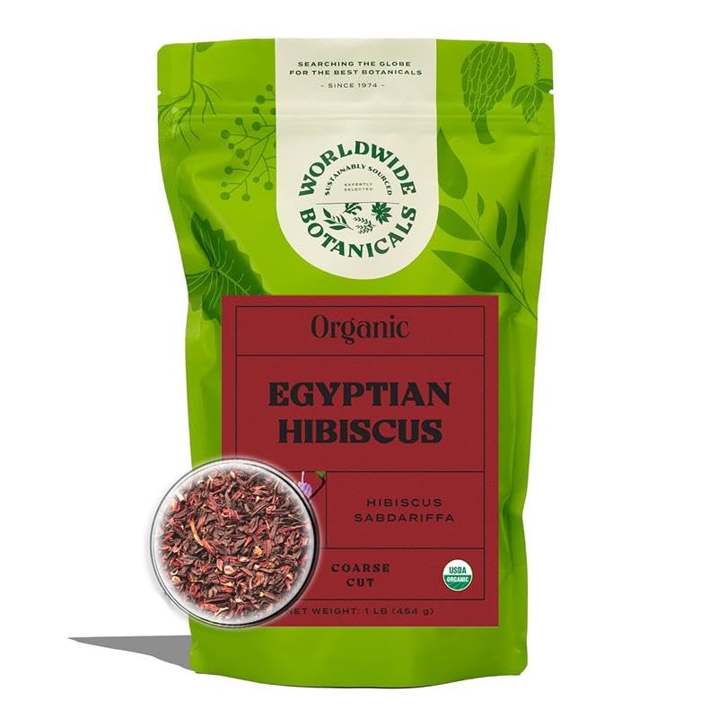 Worldwide Botanicals hibiscus tea packaging shows organic sourcing from small farms
