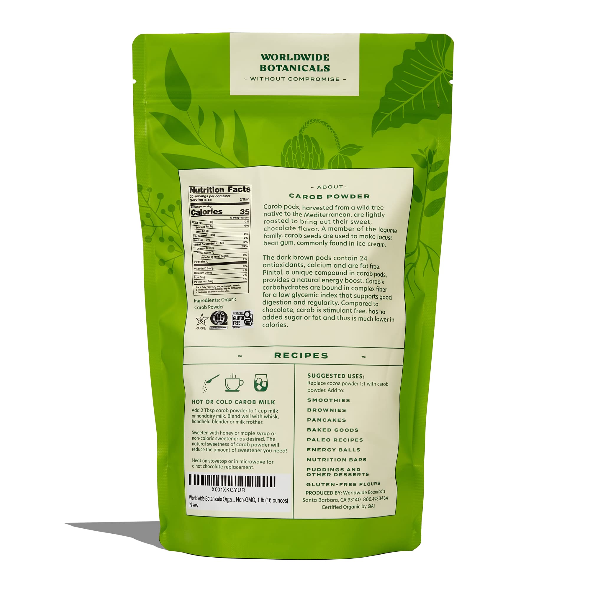 Worldwide Botanicals organic carob powder pack highlighting gluten-free quality