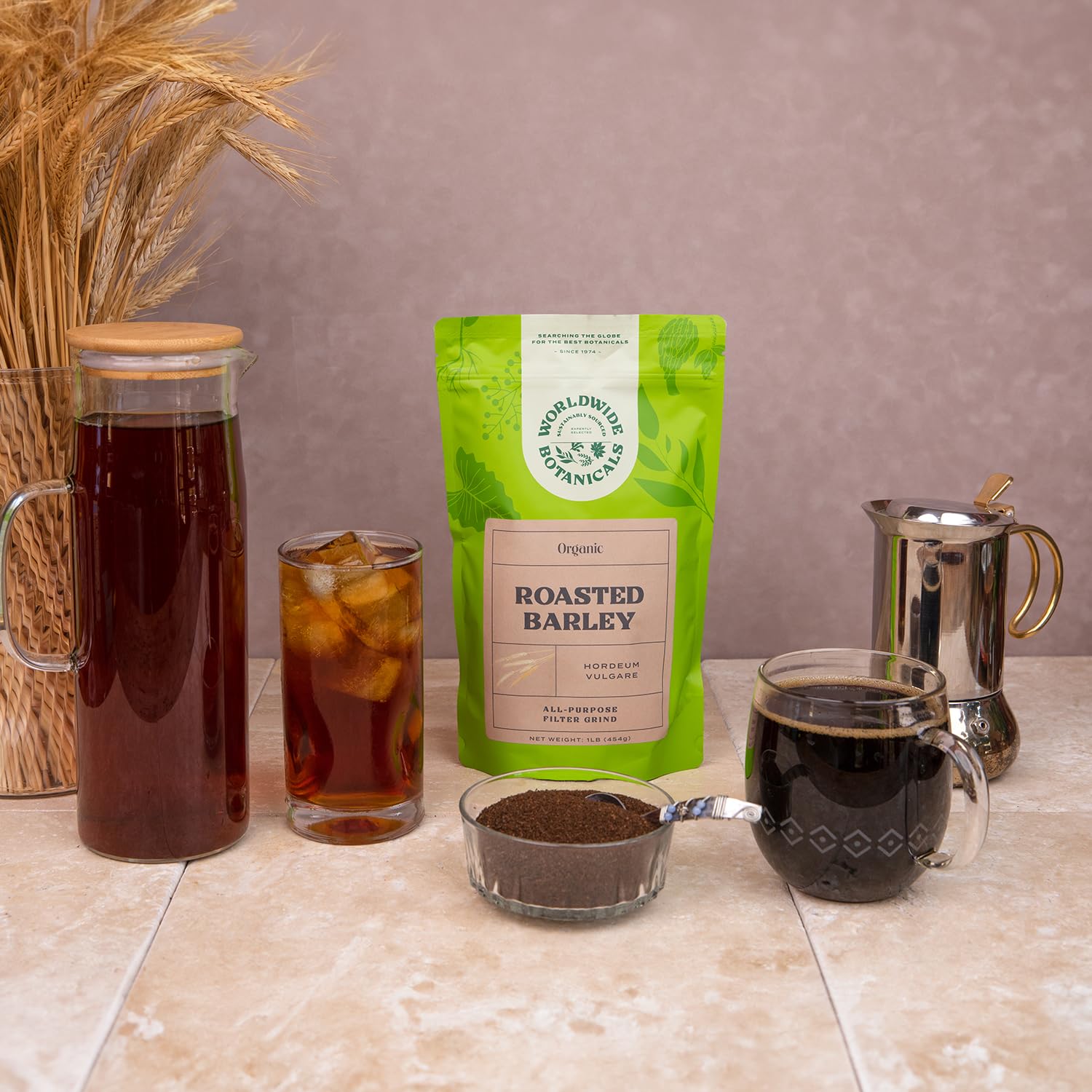 Worldwide Botanicals Orzo Barley package with kosher-certified label.