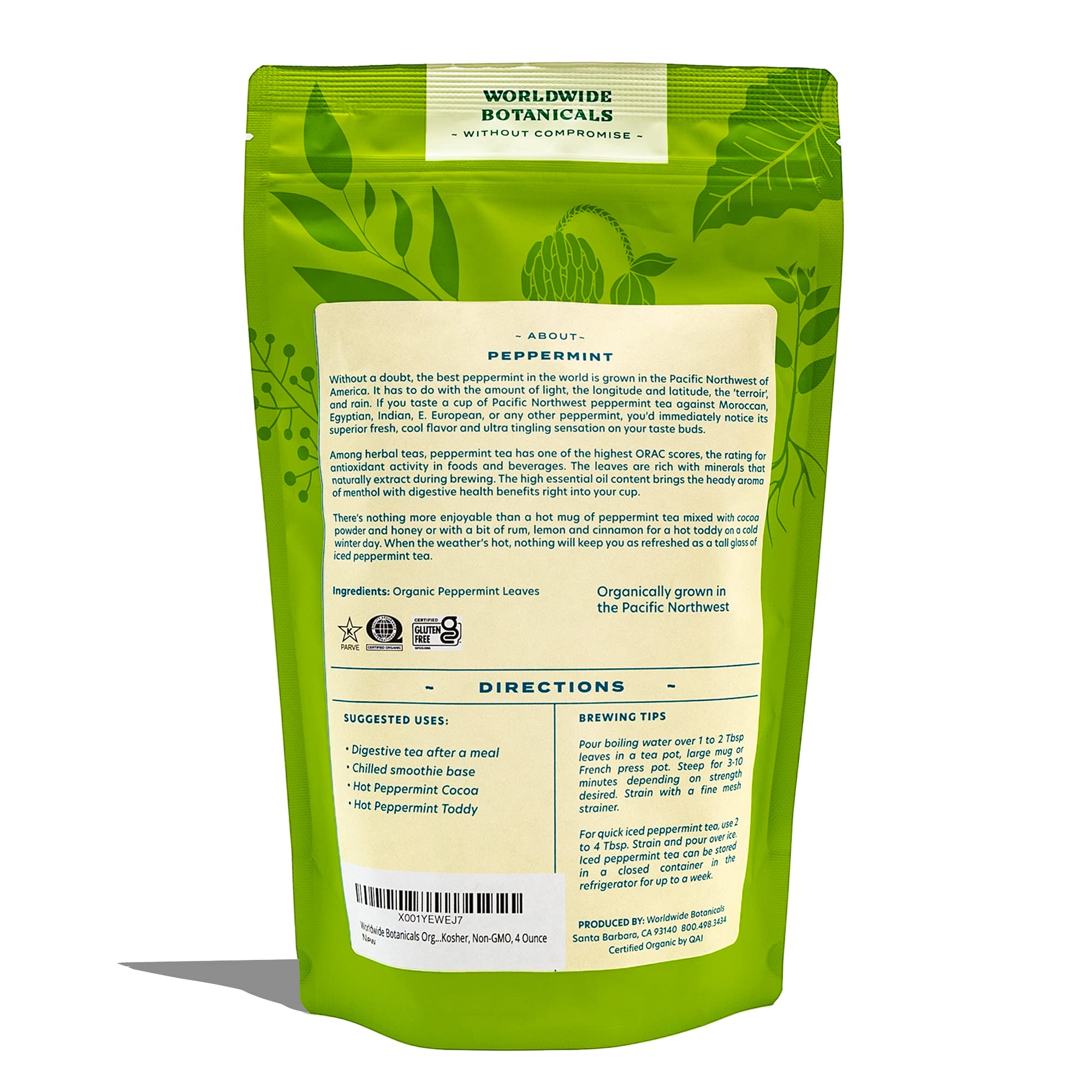 Worldwide Botanicals peppermint tea resealable pack preserves freshness