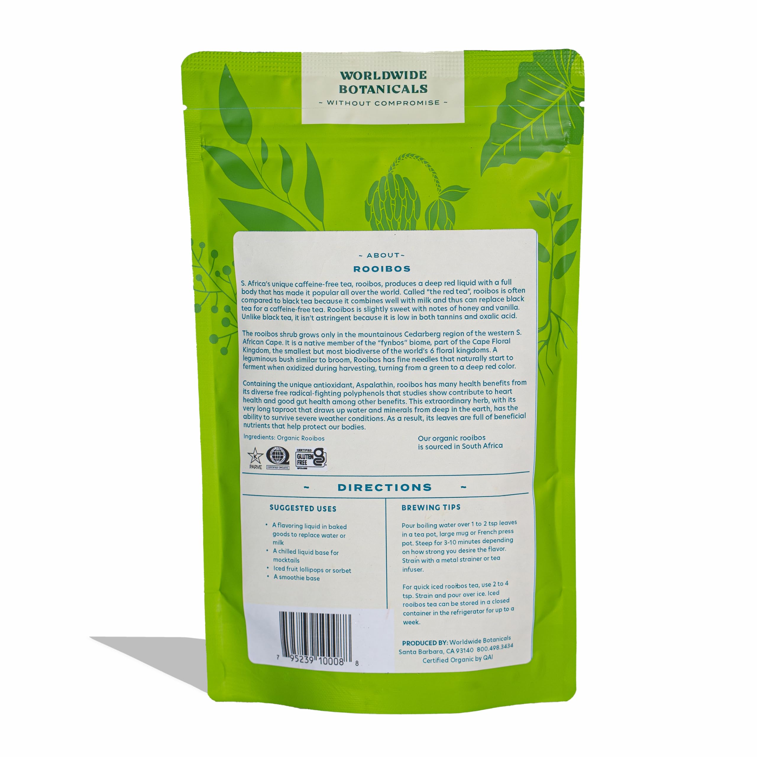 Worldwide Botanicals Organic Red Rooibos Tea in a mug with milk, full-bodied finish.