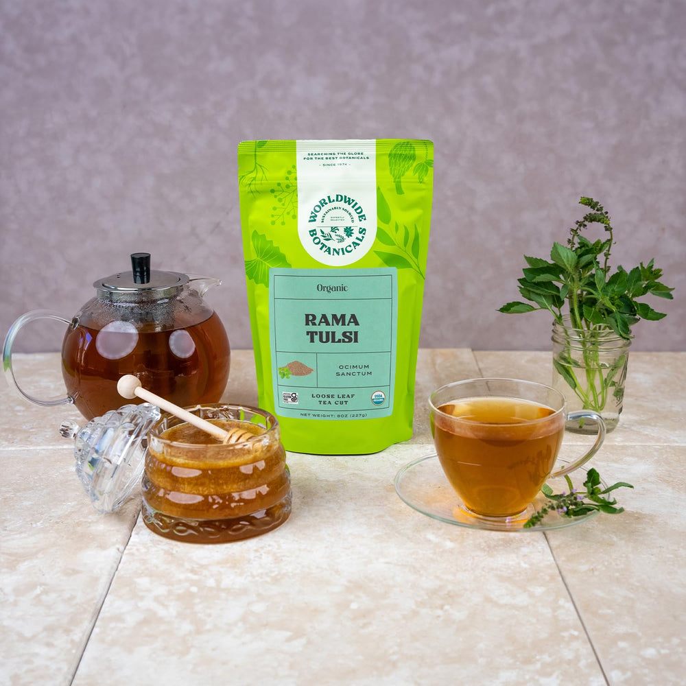 Worldwide Botanicals Tulsi Rama aroma and flavor inviting mindful sipping