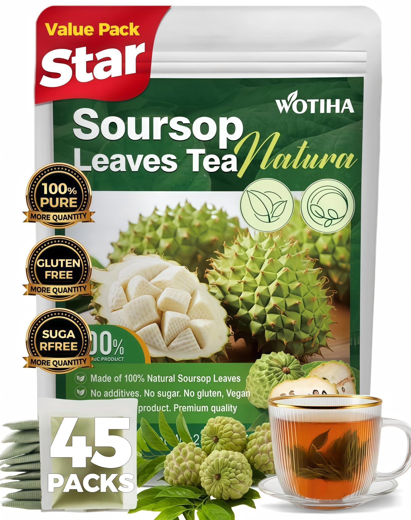 WOTIHA 45-count soursop tea bags box ready for daily wellness and family sharing.