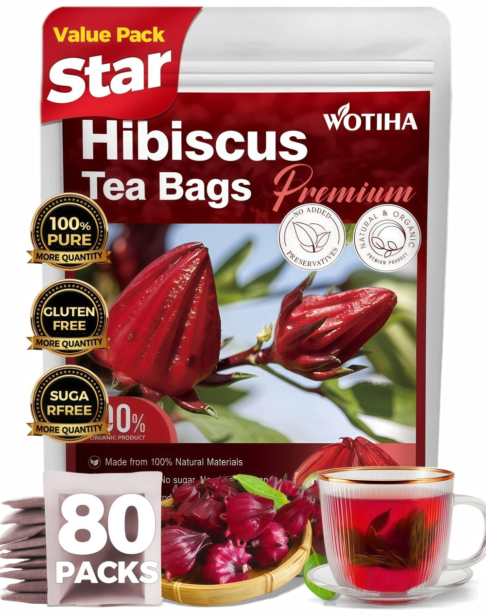 WOTIHA Premium hibiscus tea bags front view with vibrant color and tart flavor.