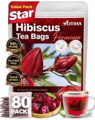 WOTIHA Premium hibiscus tea bags front view with vibrant color and tart flavor.