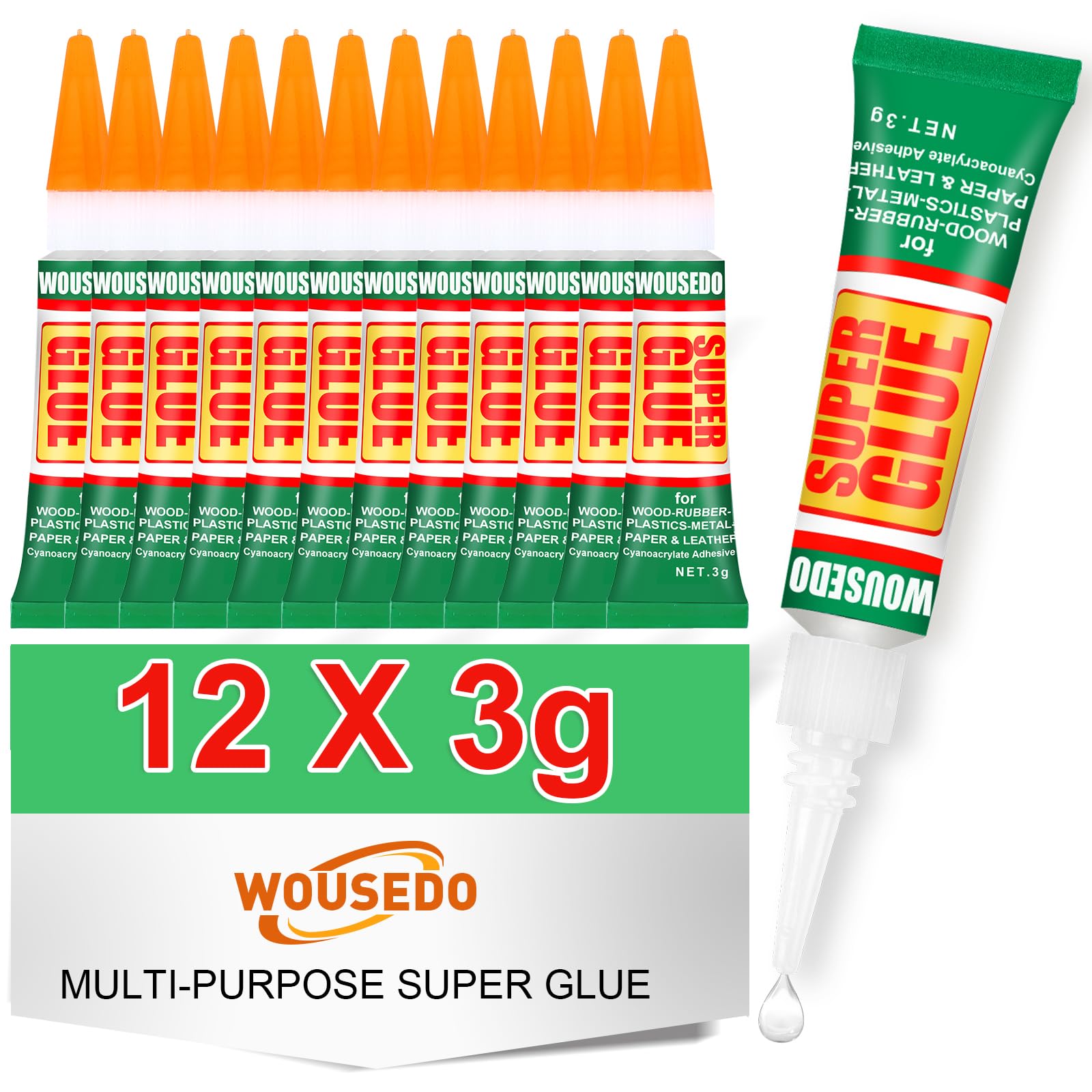 WOUSEDO 12-tubes packaging showing convenient, fresh glue for on-demand repairs.