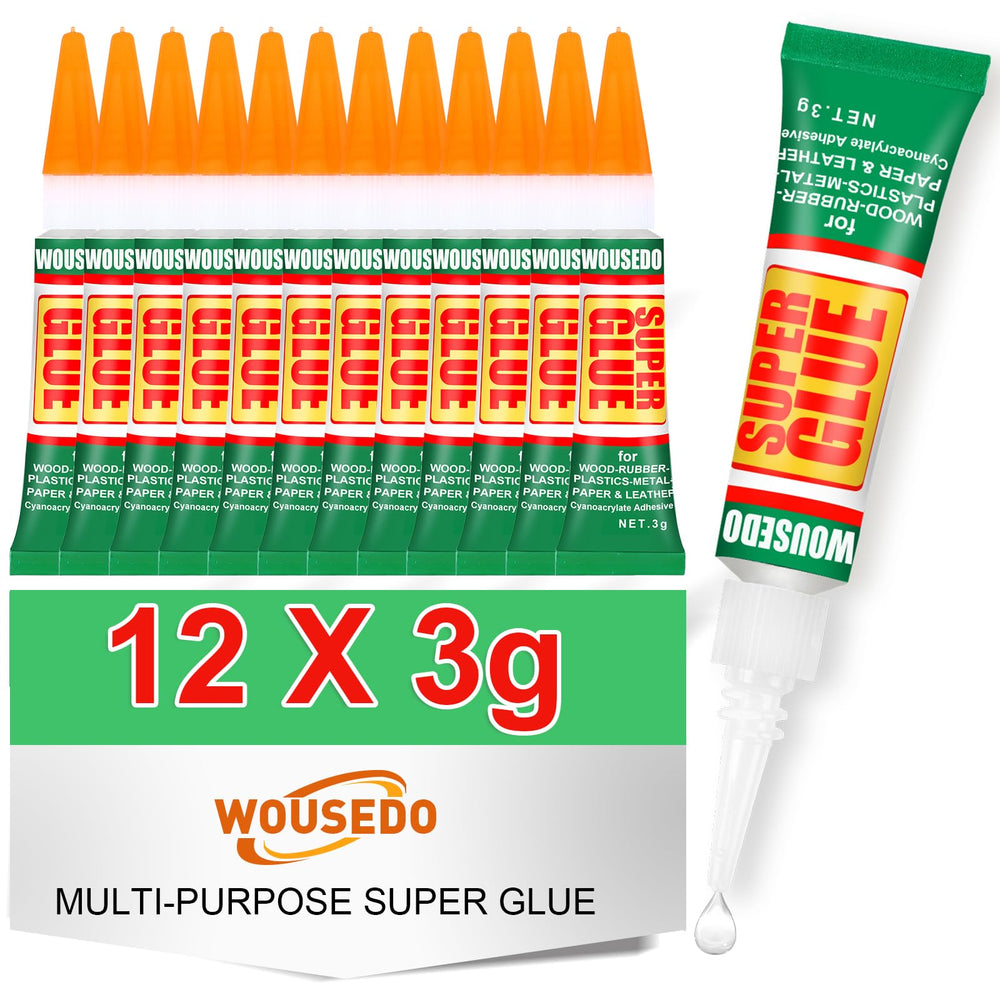 WOUSEDO 12-tubes packaging showing convenient, fresh glue for on-demand repairs.