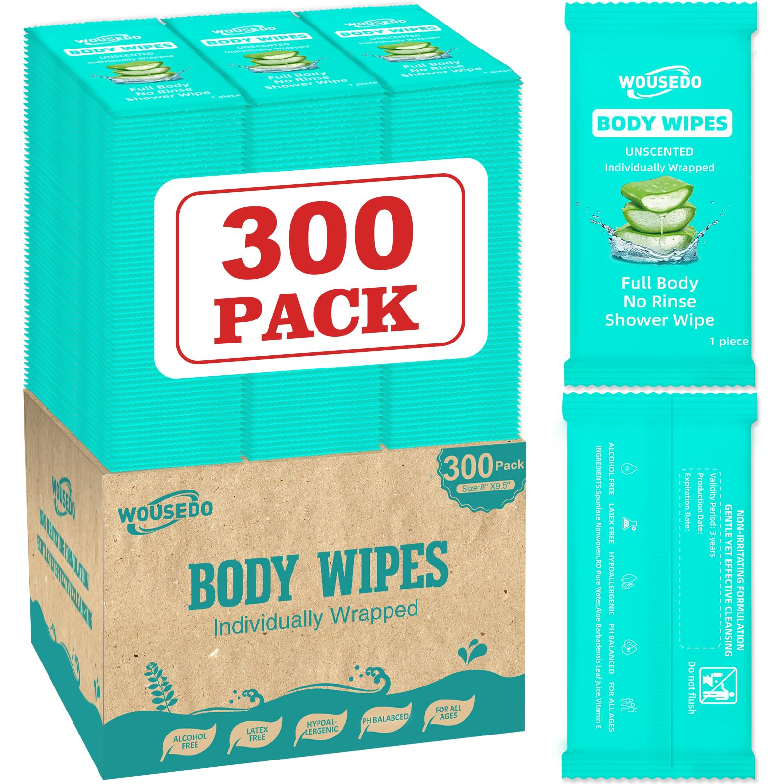WOUSEDO 300-pack no-rinse wipes for quick cleansing on the go