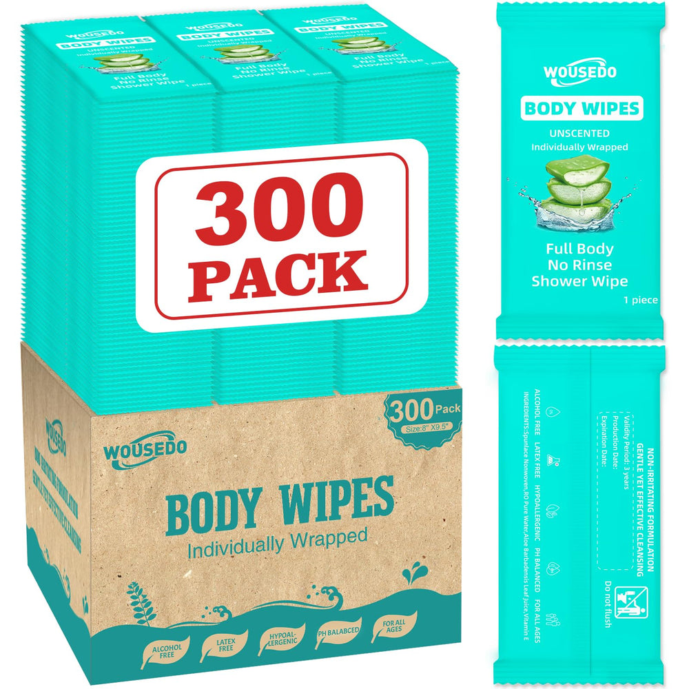 WOUSEDO 300-pack no-rinse wipes for quick cleansing on the go
