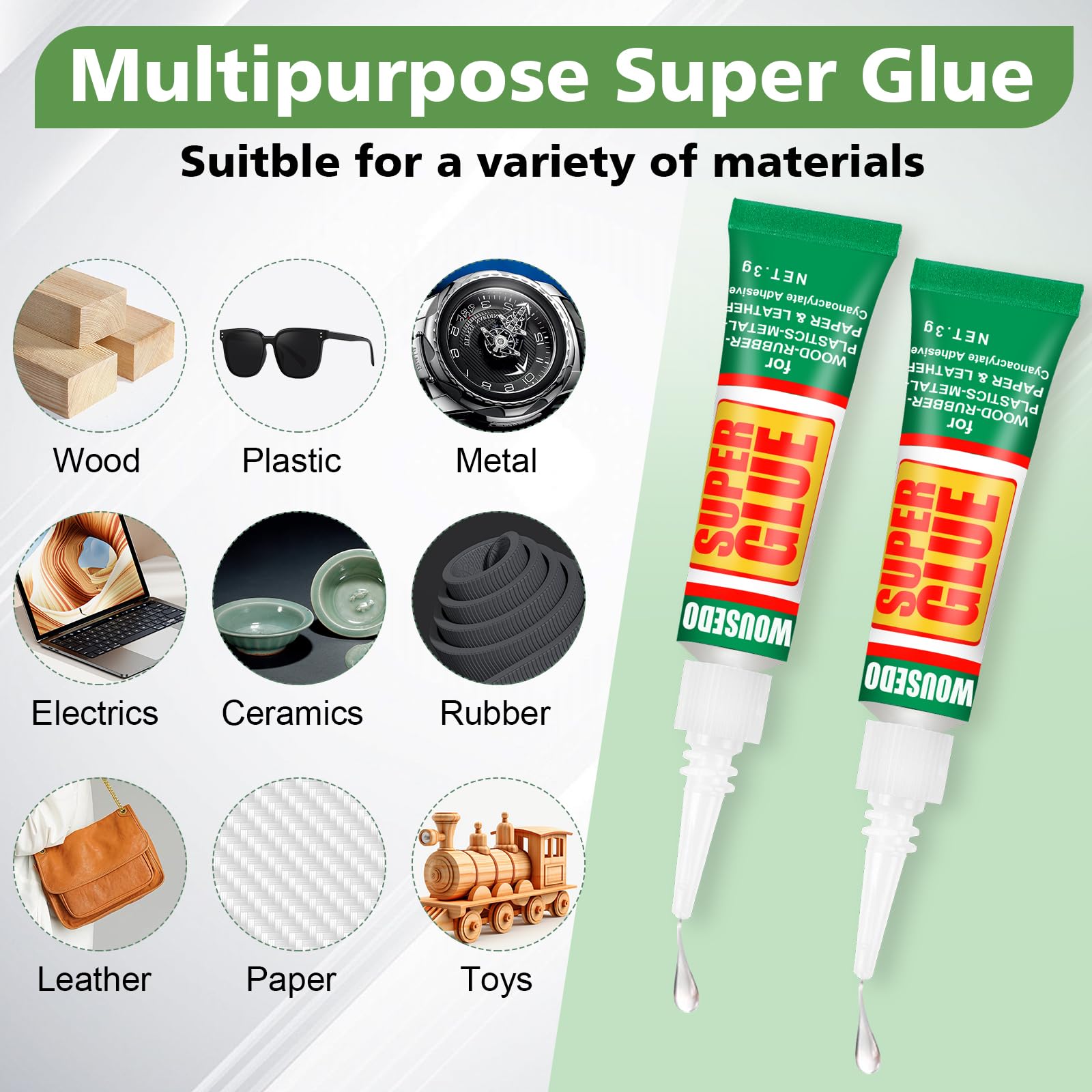 WOUSEDO clear glue drops illustrating fast-drying bonding in action.