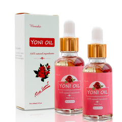Wovarkie Yoni Oil bottle with rose infusion for daily intimate moisturization.