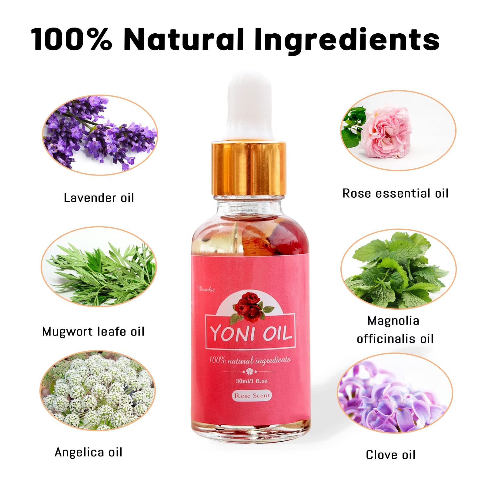 Ingredients highlight natural botanicals like rose, lavender, mugwort, and magnolia.