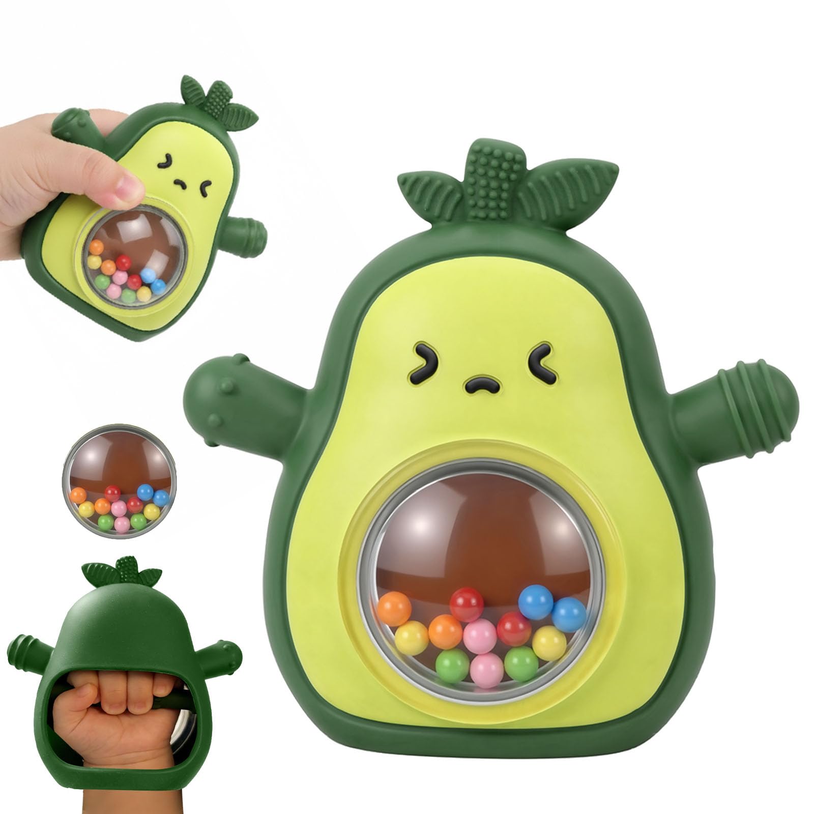 Wovinda avocado teether mitten with textured surfaces for gentle gum relief.