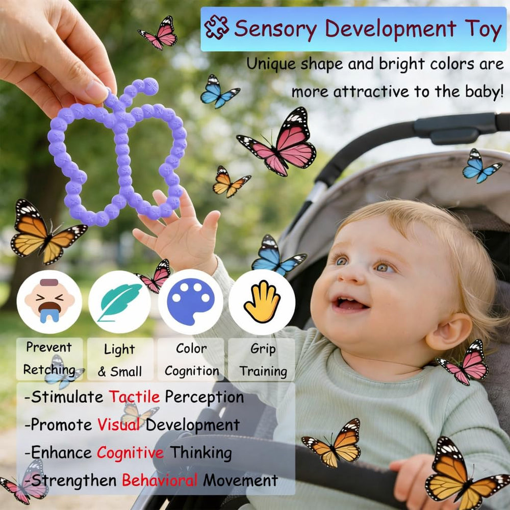 Wovinda butterfly teether beside sink, easy wipe-clean for busy parents.