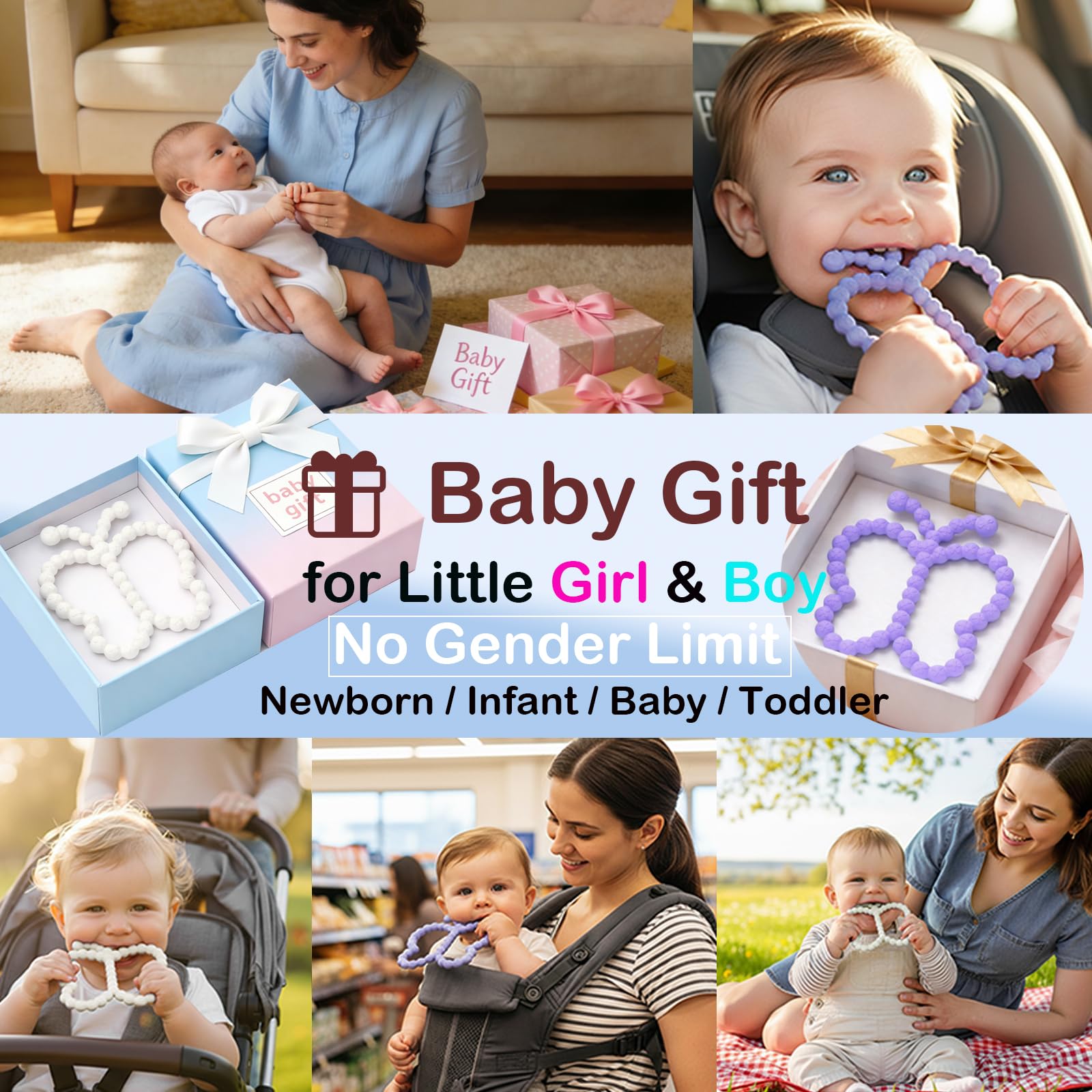 Wovinda butterfly teether in hand aids grip and visual engagement.