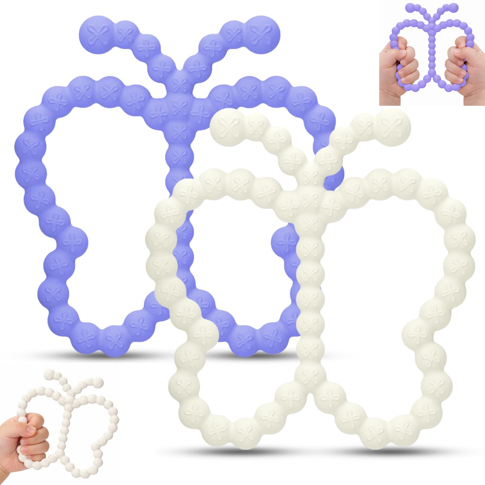 Wovinda butterfly teether white in hand, easy grip for soothing gums.