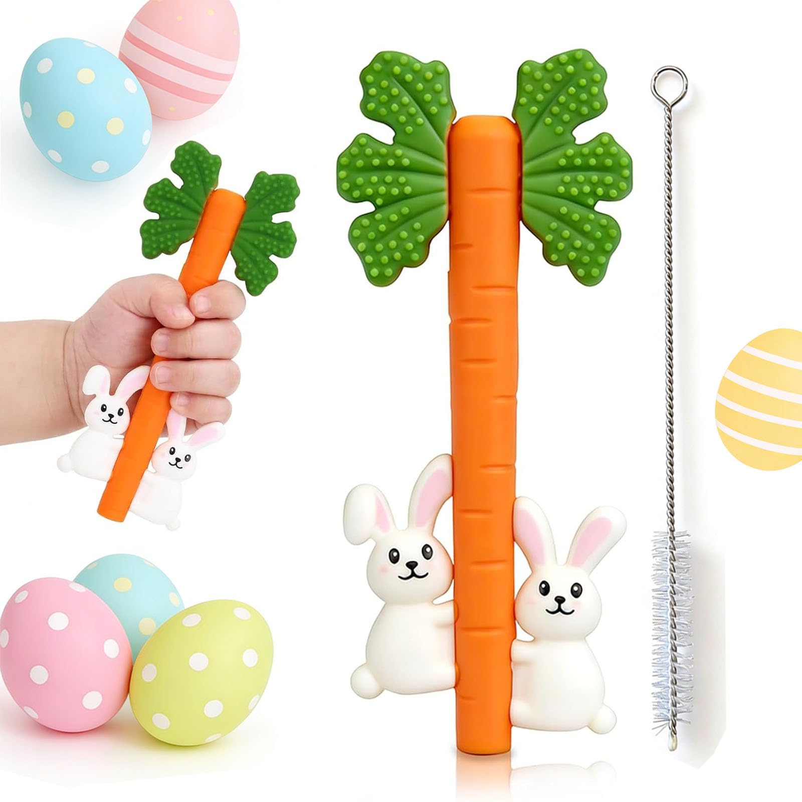 Wovinda Easter teether carrot front view with multi-texture surfaces for gum relief