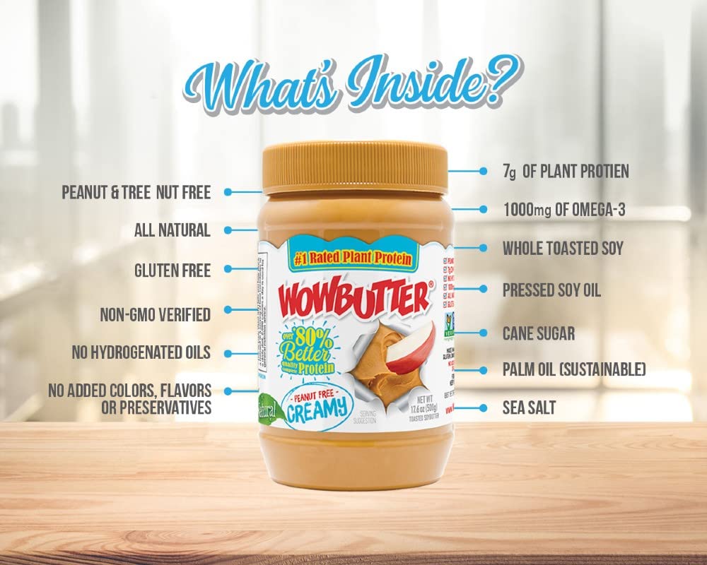 WOWBUTTER jar scoop highlight creamy spread texture for sandwiches.