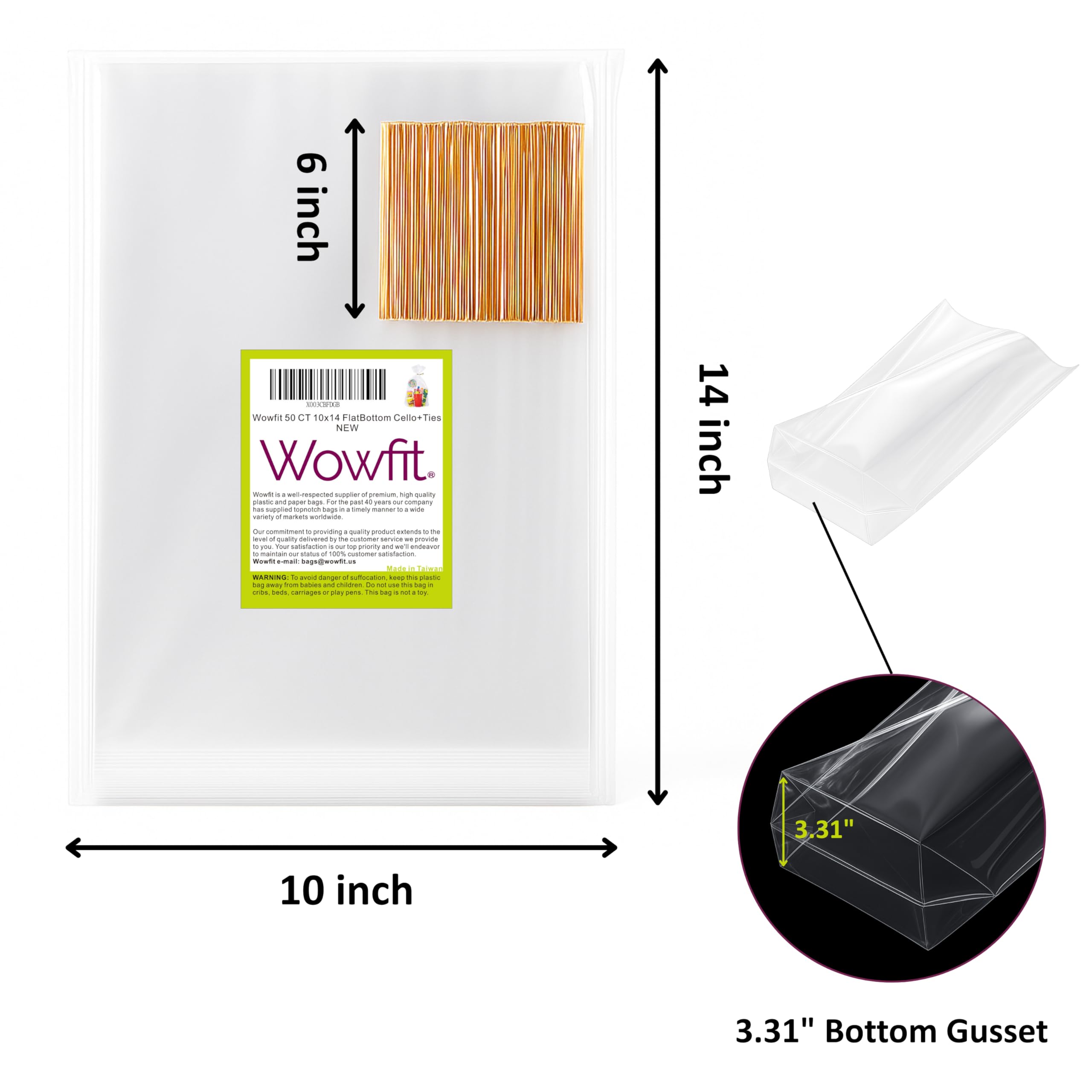 Wowfit cellophane bags with gold twist ties for elegant party favors