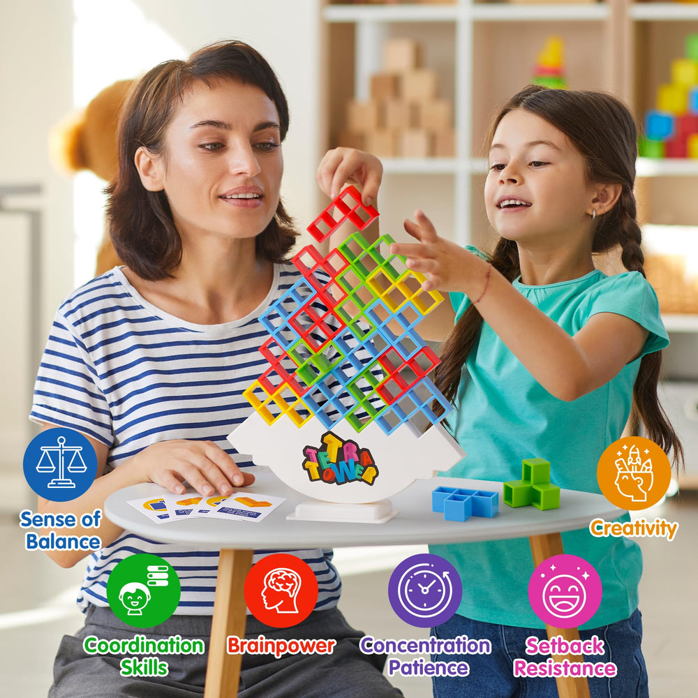 WOWNOVA Tetra Tower players stacking blocks enhances teamwork.