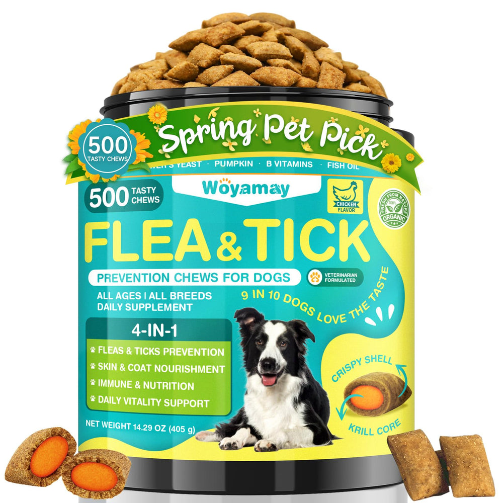 Woyamay 4in1 flea-tick chews bottle showing daily protection and wellness.