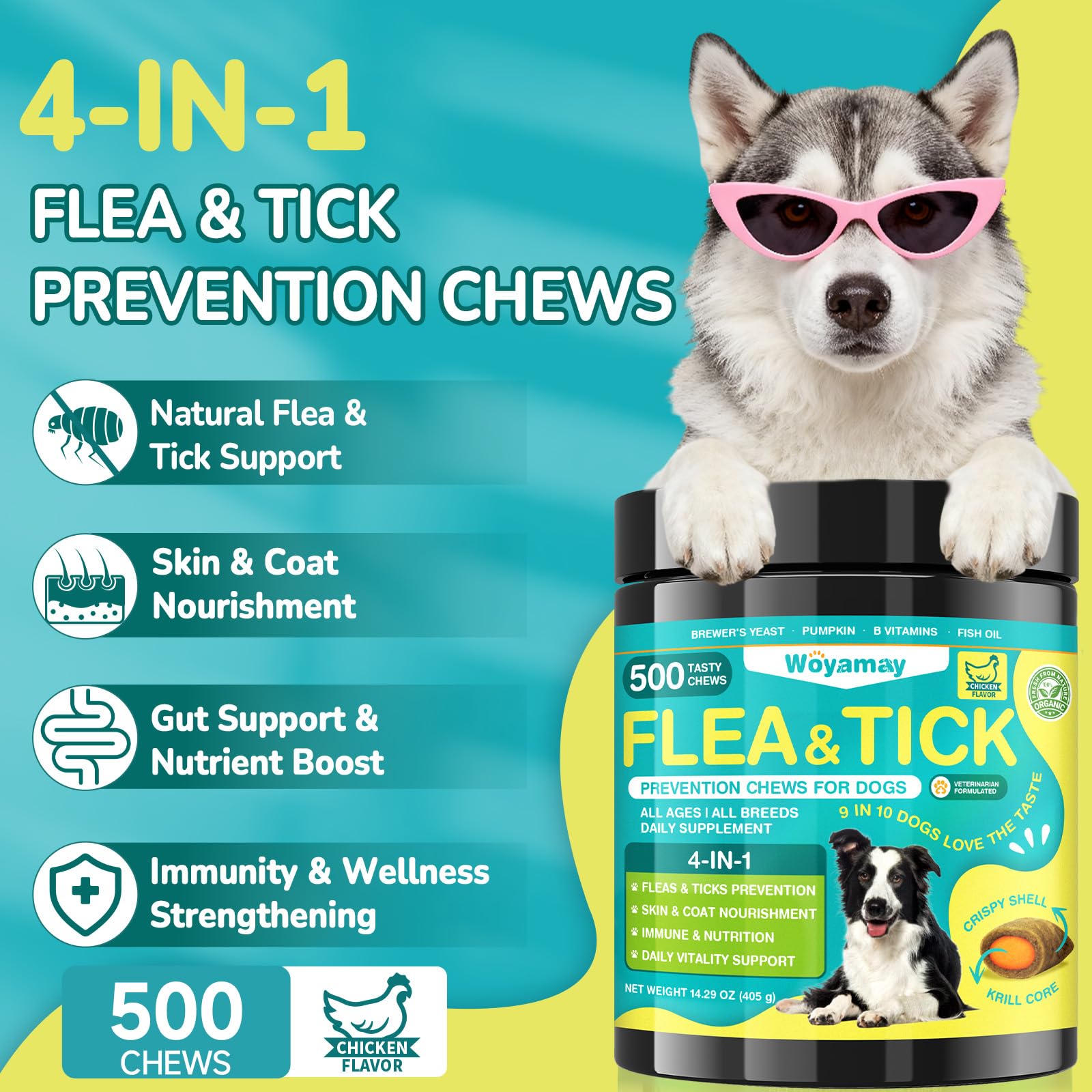 Woyamay chicken-flavor chews close-up highlighting tasty daily flea prevention.