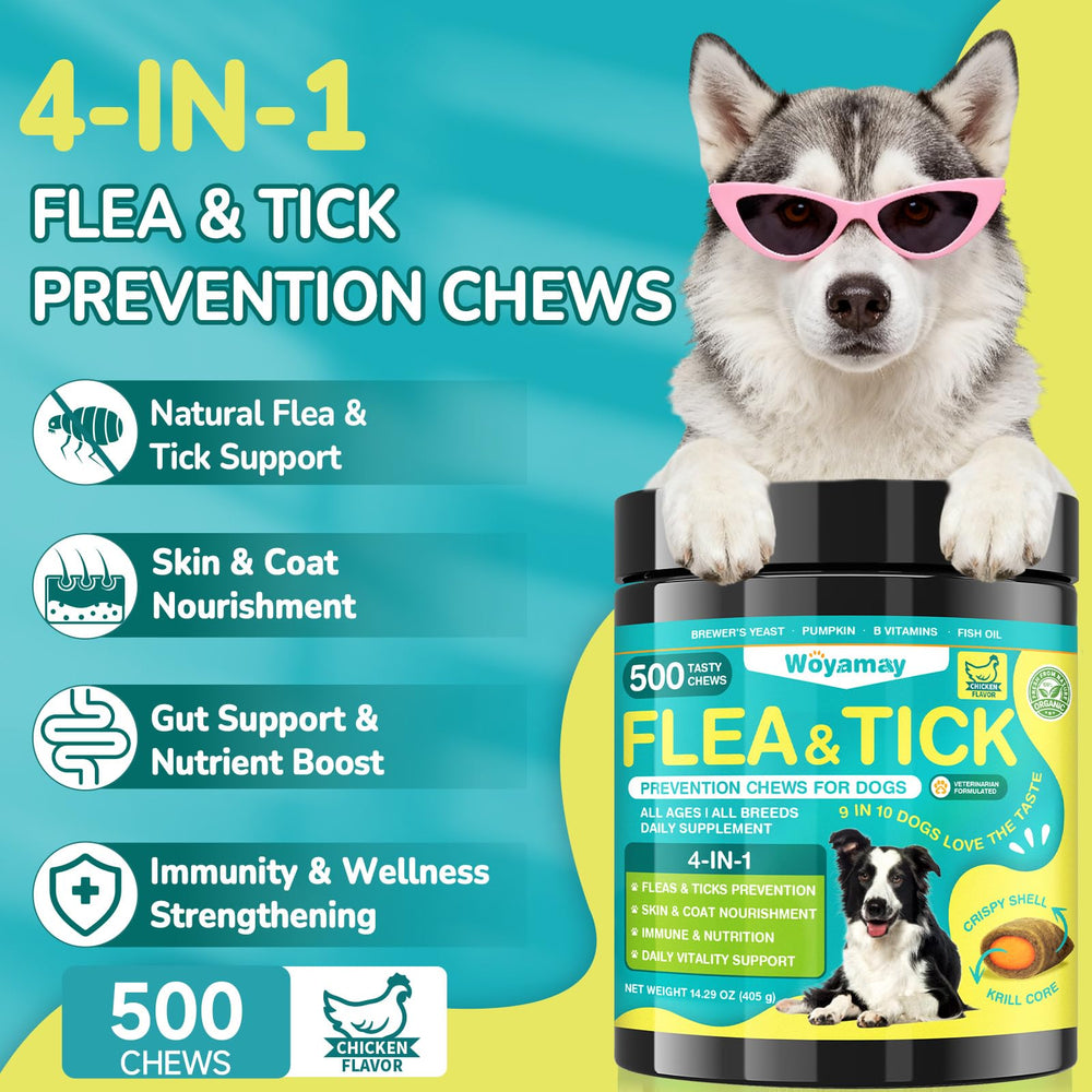 Woyamay chicken-flavor chews close-up highlighting tasty daily flea prevention.