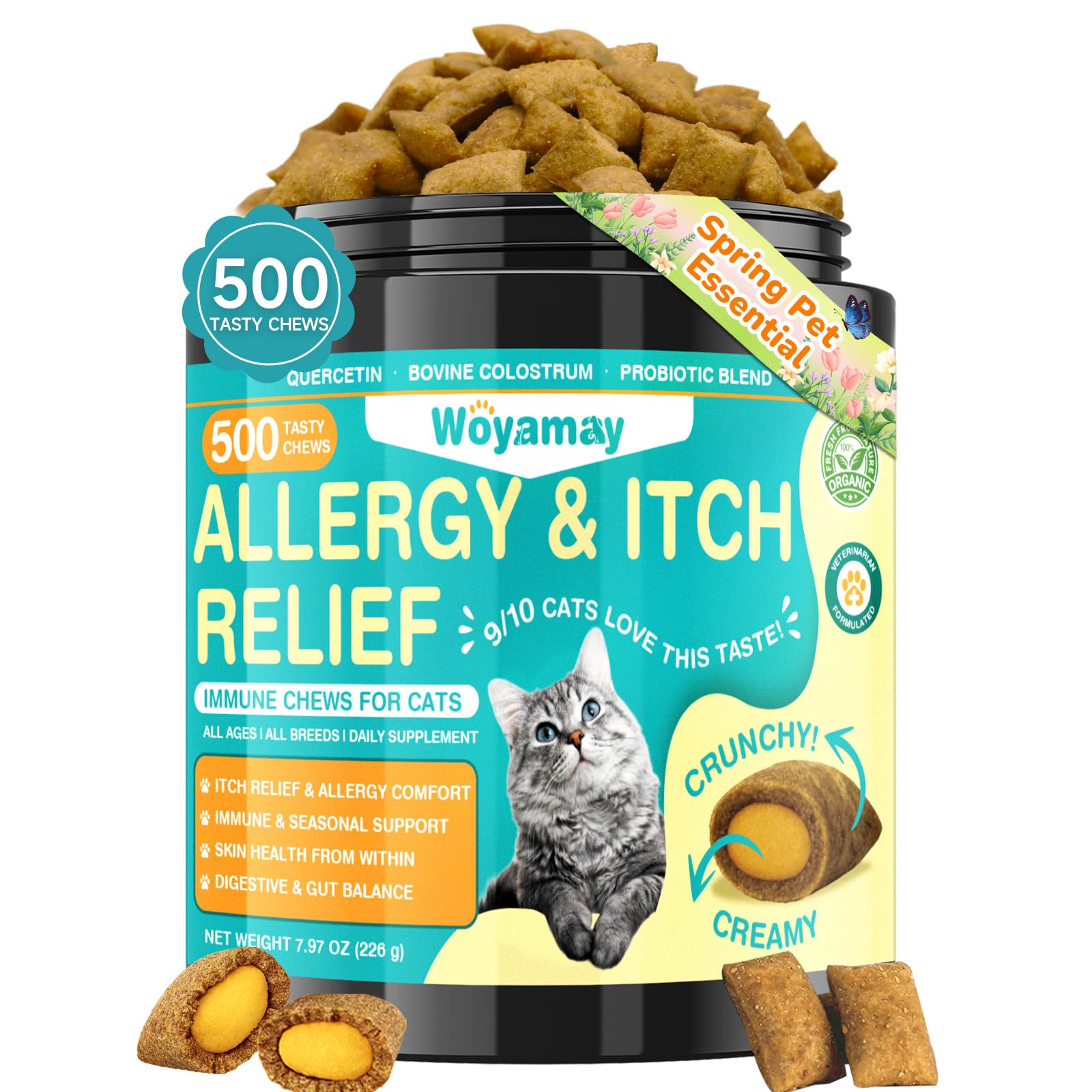 Woyamay cat allergy relief bottle close-up for daily ease and dosing.