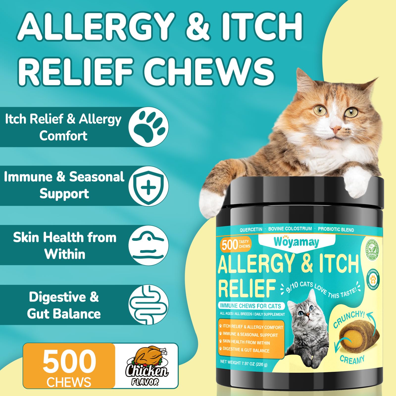 Woyamay cat allergy relief chews close-up showing chicken flavor appeal for picky eaters.