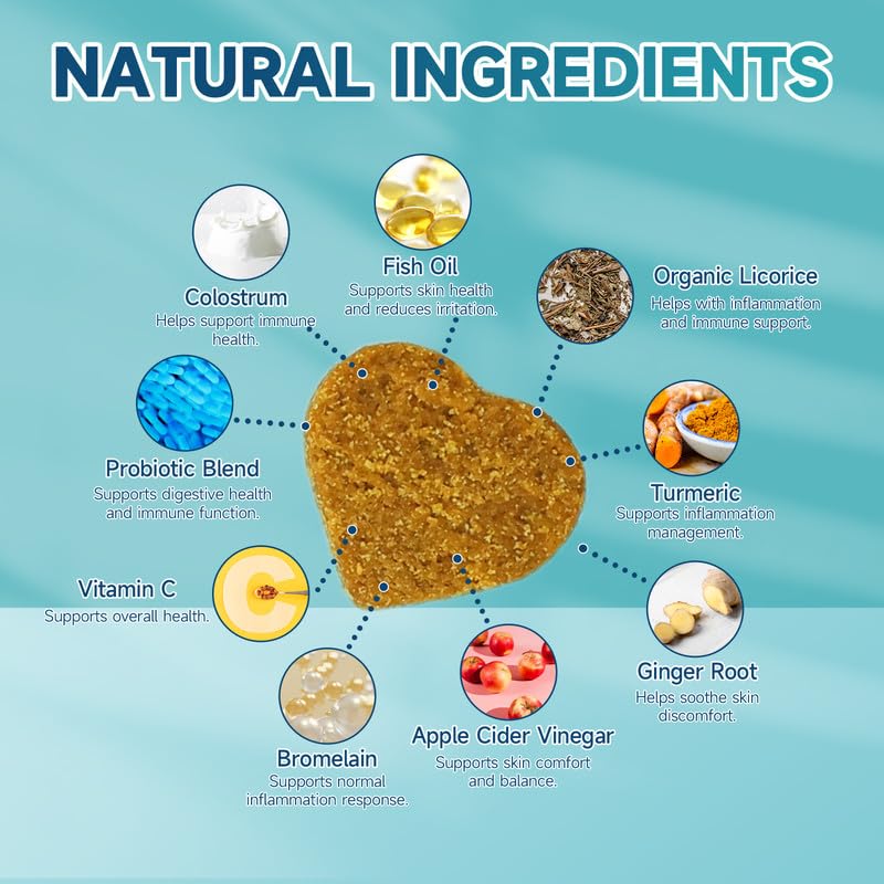 Woyamay dog allergy chews ingredients label highlights grain-free and soy-free formula.