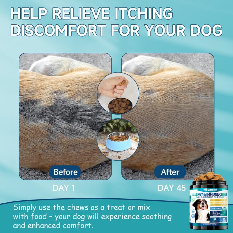 Woyamay dog allergy chews omega-3 rich formula promotes shiny coat.