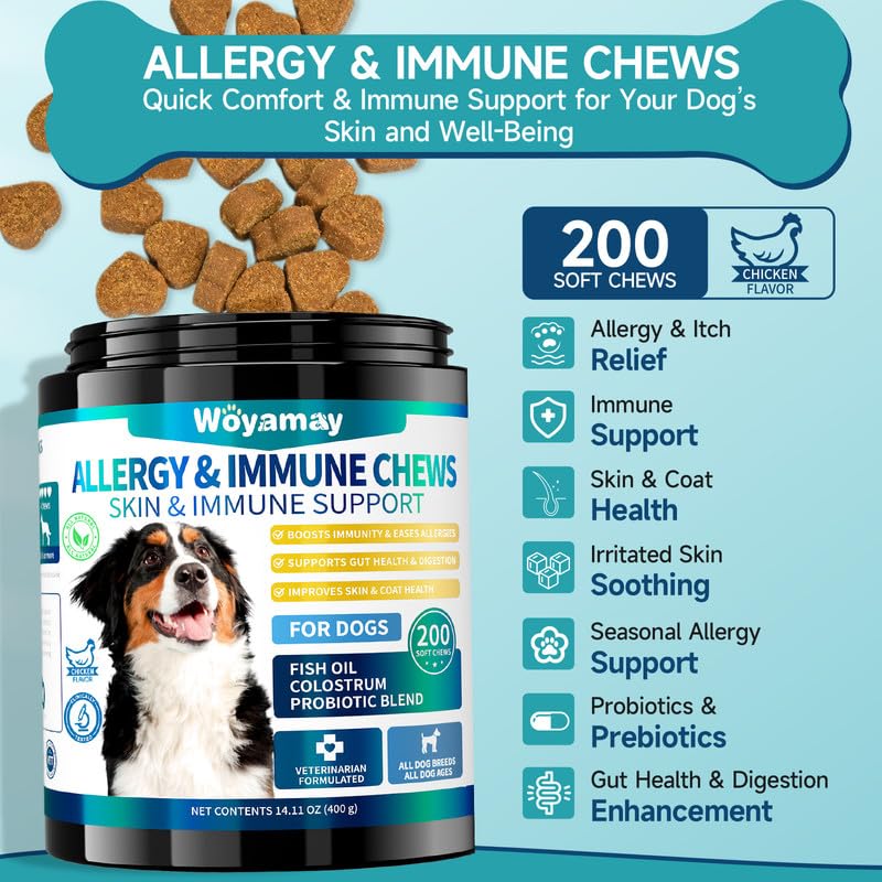 Woyamay dog allergy chews probiotic blend supports gut health in dogs.