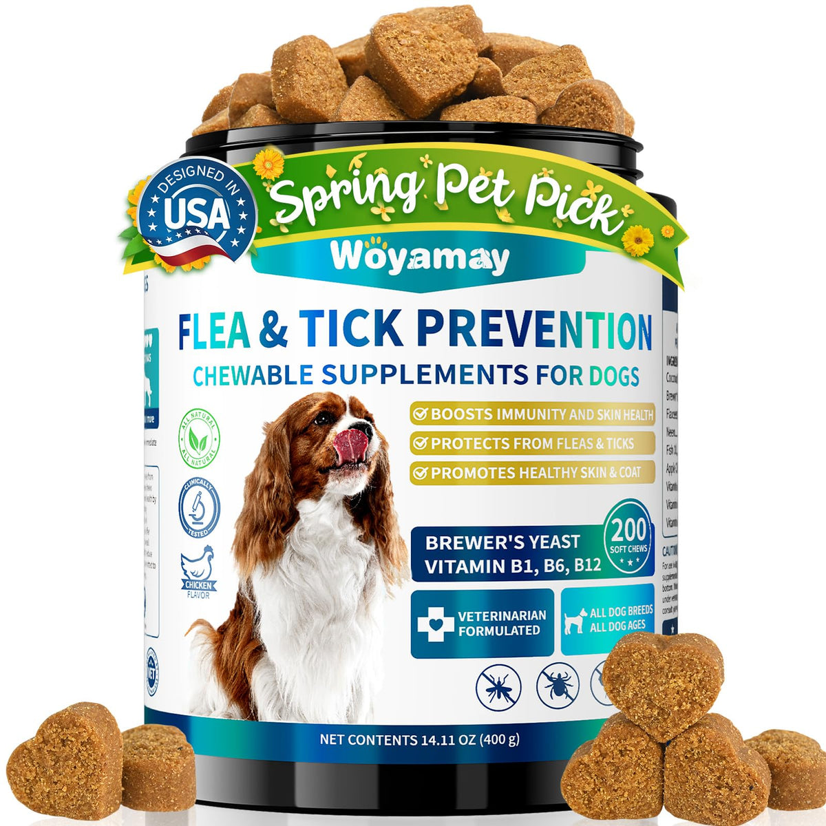 Woyamay flea and tick chews in a can for daily dog protection