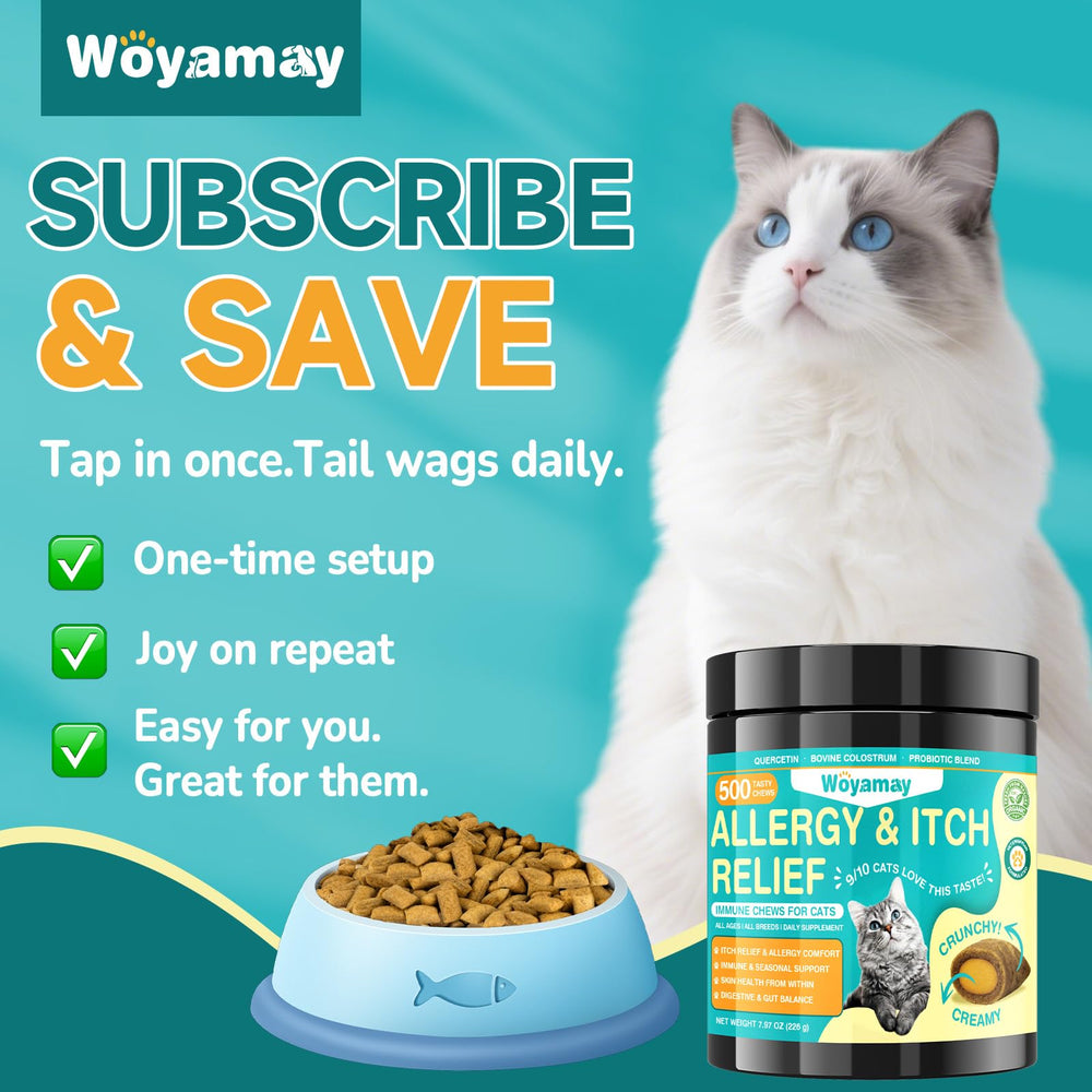 Woyamay cat allergy relief benefits icons on packaging suggesting seasonal support.