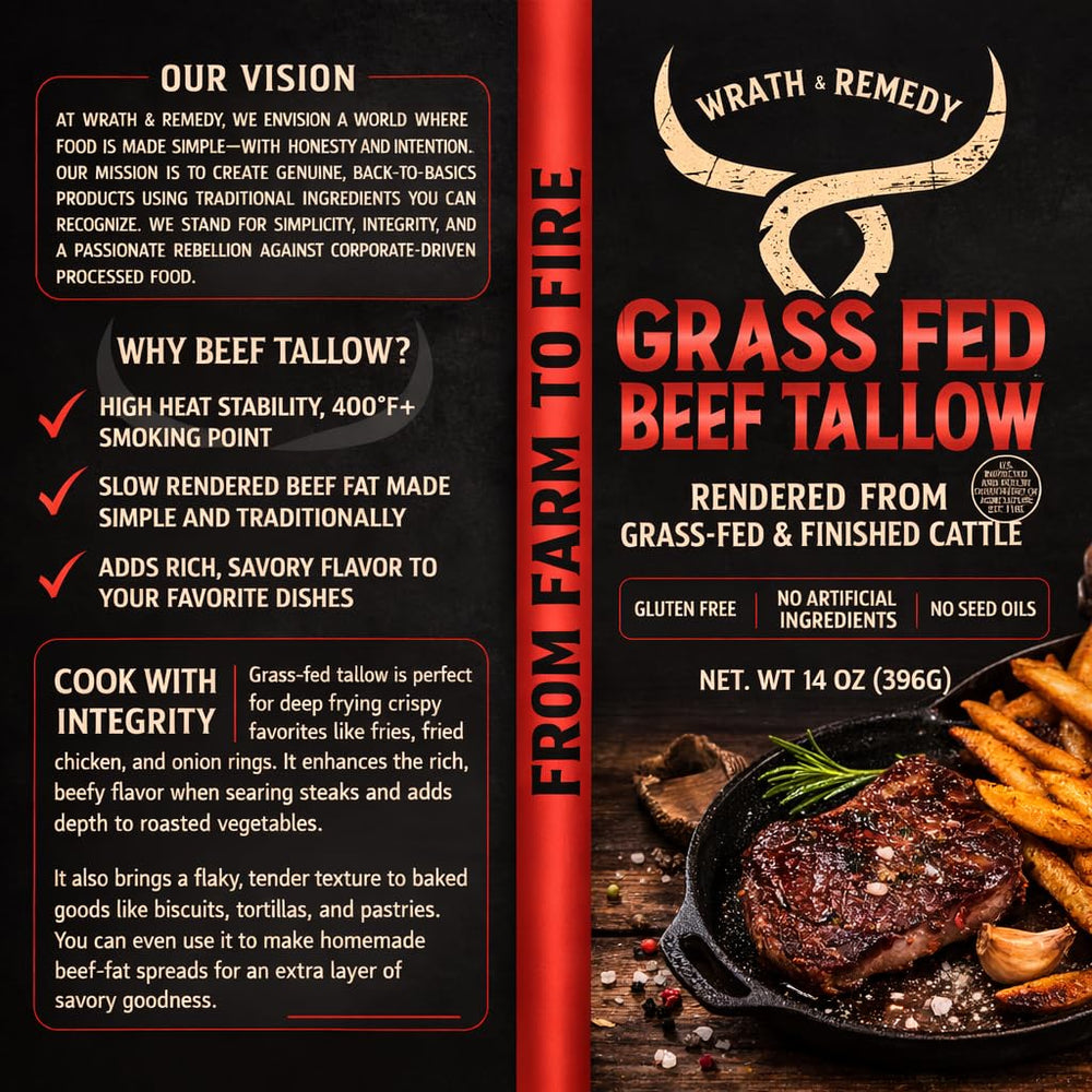 Wrath & Remedy beef tallow on kitchen counter ready for quick meals