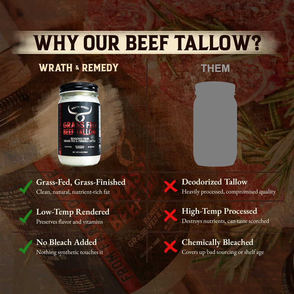 Wrath & Remedy beef tallow in skillet delivering crisp vegetables and savory depth