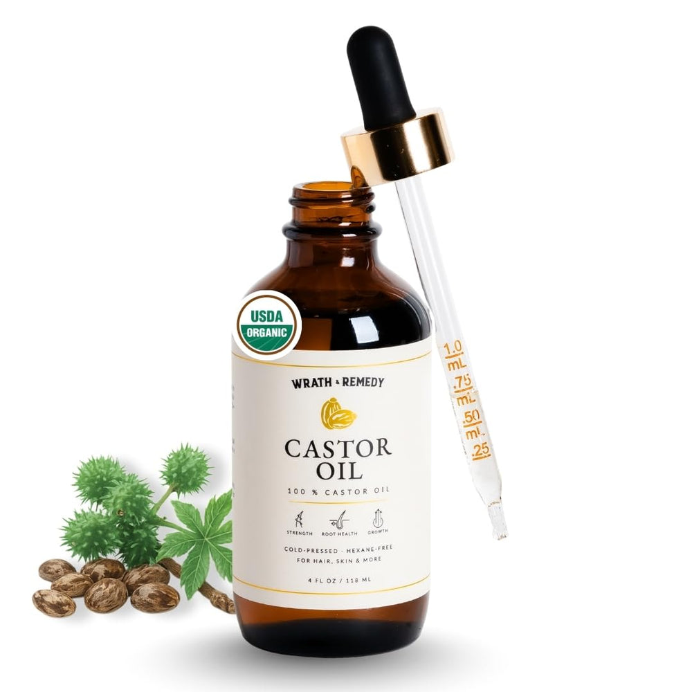 Wrath & Remedy castor oil bottle in amber glass preserves potency and purity.