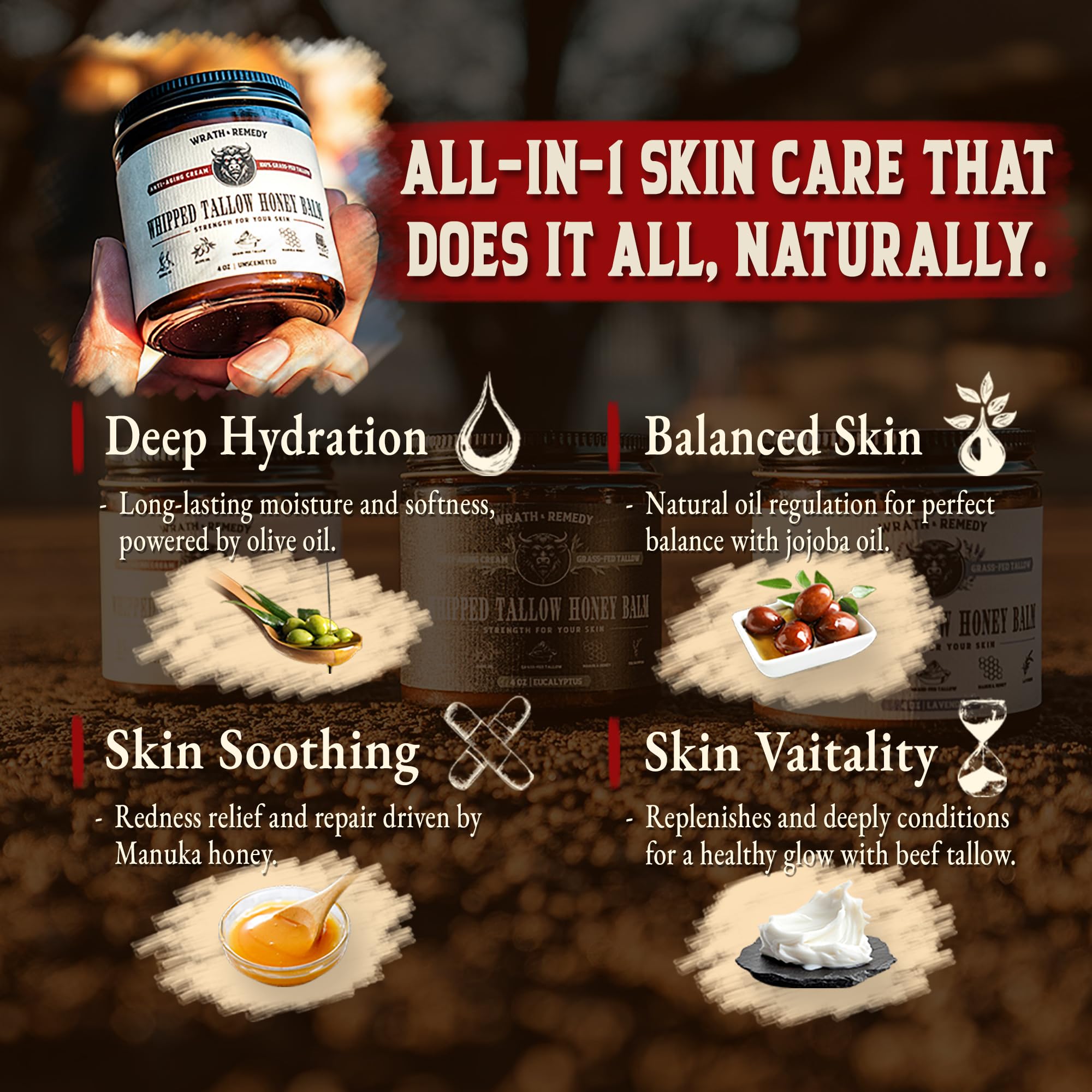 Wrath & Remedy ingredients image highlights olive oil, honey, and jojoba for skin nourishment.