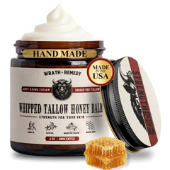 Wrath & Remedy whipped tallow jar close-up showing creamy texture for deep hydration.