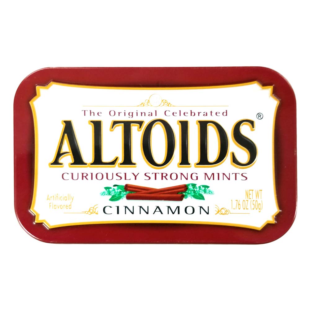 Wrigley's Altoids Cinnamon tin close-up showing bold flavor and compact packaging