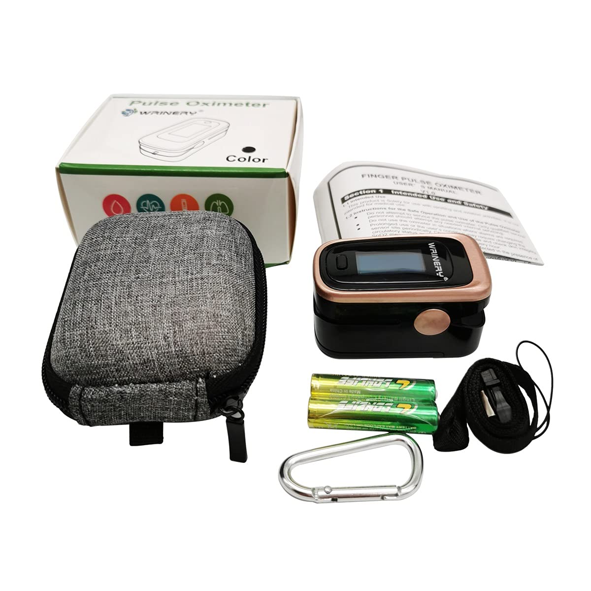WRINERY oximeter packaging includes case, lanyard, batteries and user manual