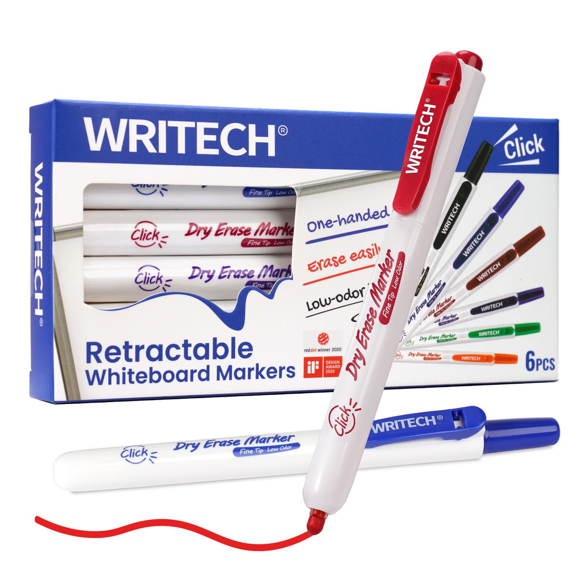 WriteCh retractable marker close-up with push-button for clean tip storage.