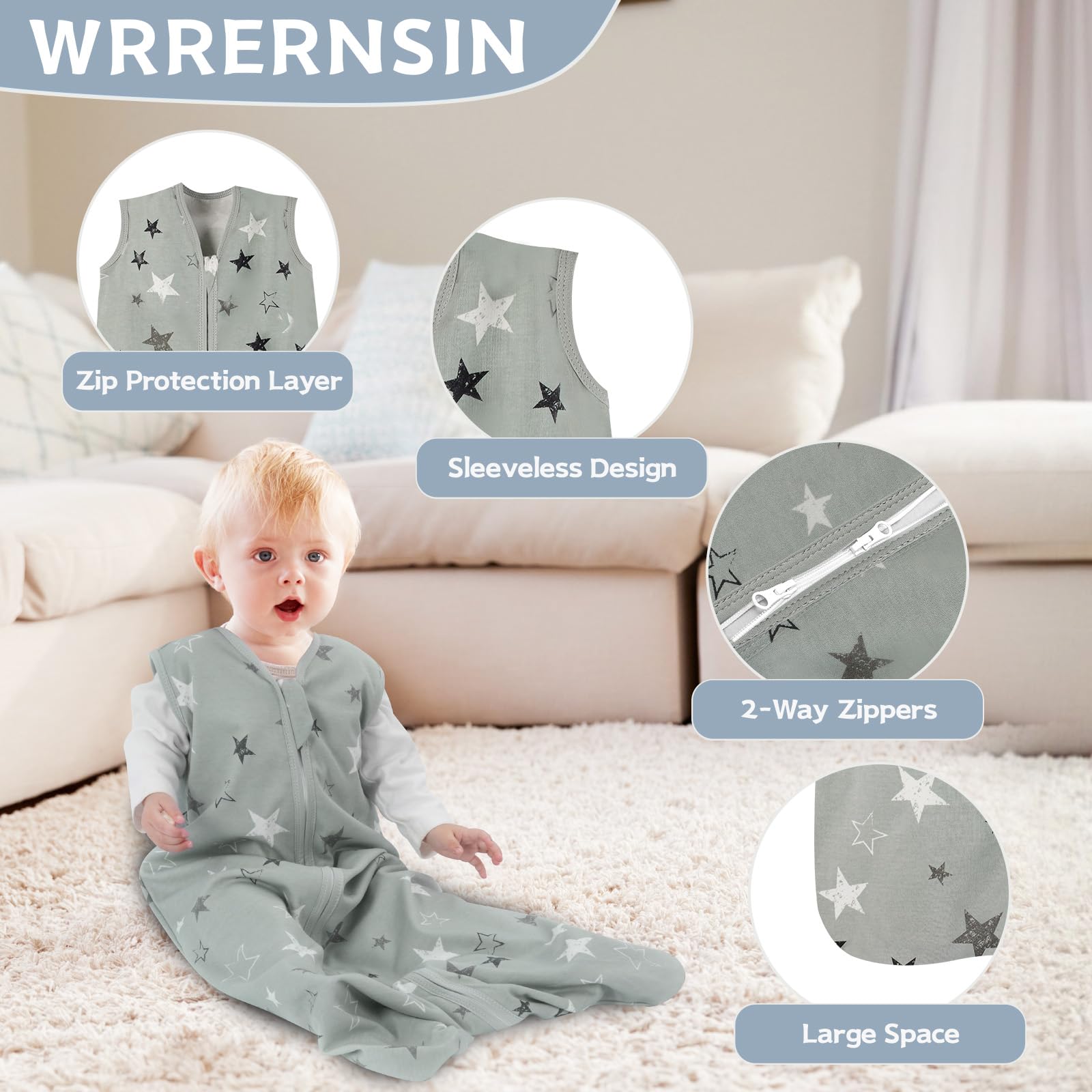 Wrrernsin baby sleep sack two-way zipper eases nighttime diaper changes.
