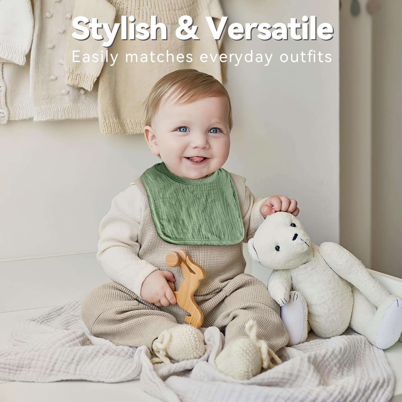 Wrrernsin bib close-up highlights absorbent multi-layer muslin for quick saliva and drool management.