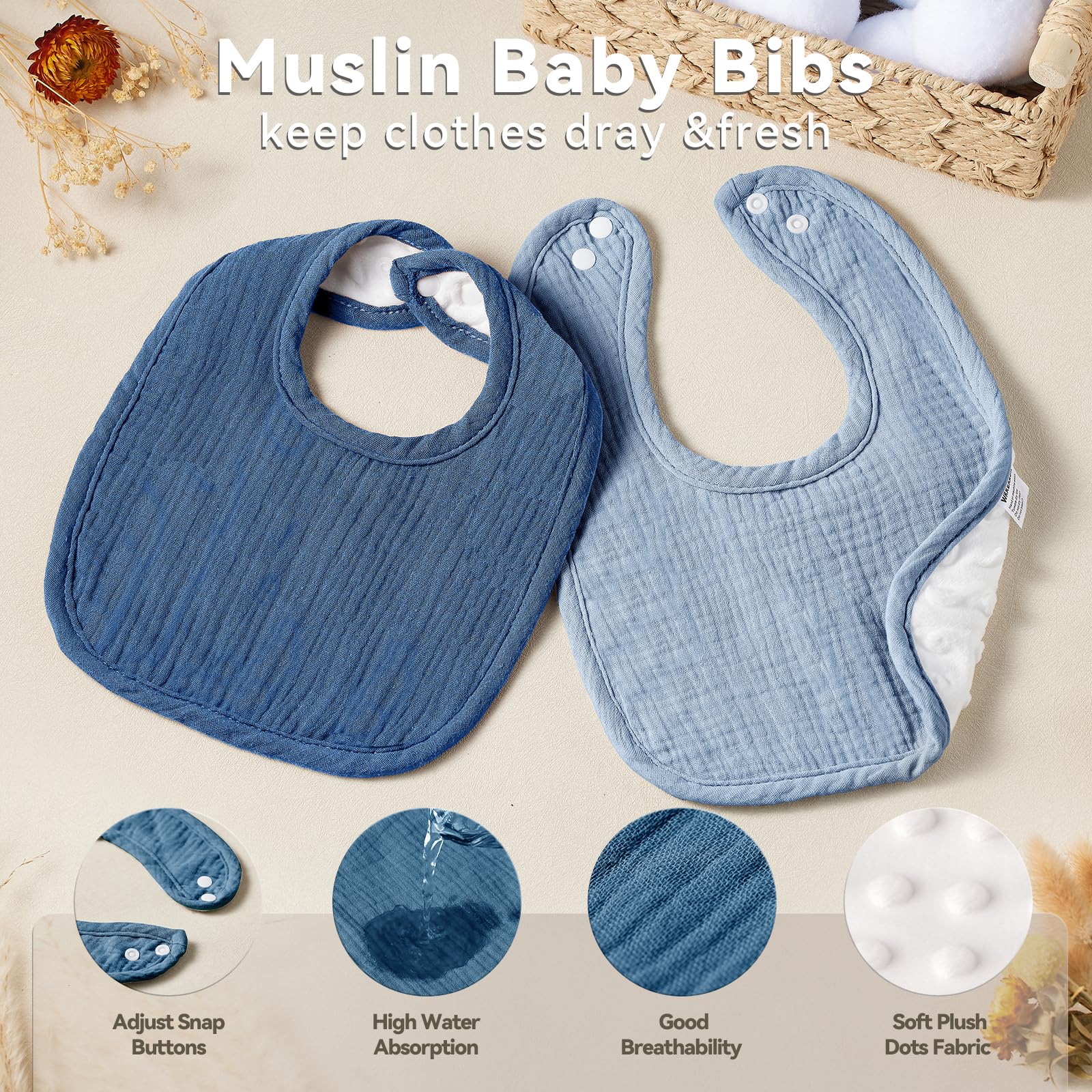 Wrrernsin bib; multi-layer absorbent texture for quick spills.