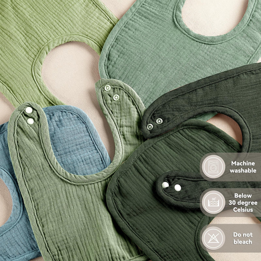 Wrrernsin adjustable-neck bib demonstrates three fit options with nickel-free snaps.