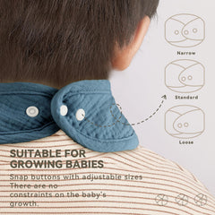 Wrrernsin bib; adjustable snaps for three neck sizes.